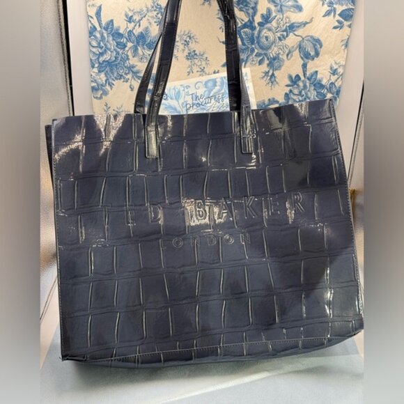 🆕 TED BAKER 🧿 NWOT Allicon Eco Leather Croc Icon Tote Bag, Dark Blue - Picture 2 of 11